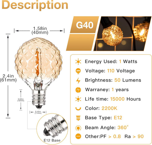 Low Light Bulbs Warm Light,G40 Amber led bulb,1 Watt Equivalent to 10W,50LM,2200K Ultra White,E12 LED Globe Bulbs decorative light Indoor Outdoor ...