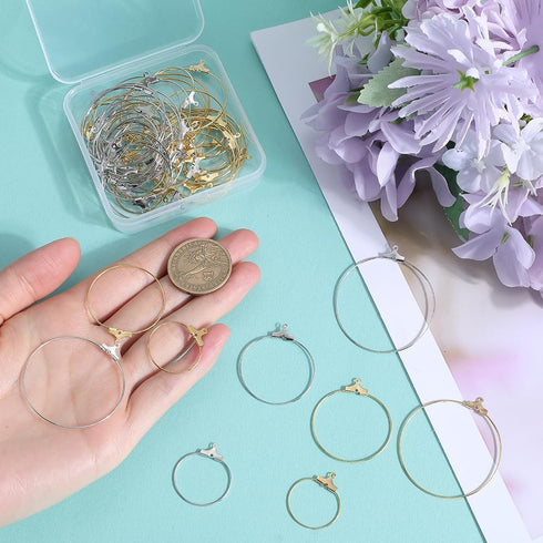 1 Box 60Pcs 6 Styles Round Beading Hoop Earrings Beaded Earring Making Hoops Gold Silver Brass Hoop Earring Findings for Jewelry Making Supplies D...