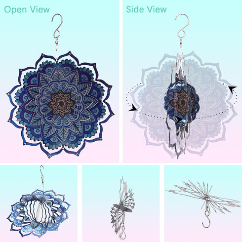 Blue Flower Weathervane 3D Dynamic Art Weathervane Sculpture 12 Inch Metal Wind Spinner Stainless Steel Hanging Wind Chime for Patio, Garden and I...