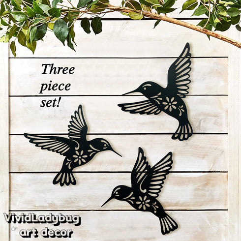 VividLadybug Metal hummingbird wall art decor, 9inch set of 3 black Concise Decoration Hanging for living room bedroom bathroom Kitchen Patio Balc...