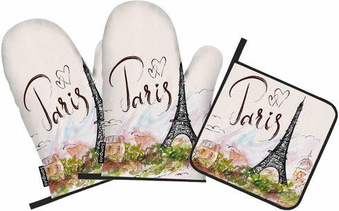 Paris Oven Mitts and Pot Holders Sets Eiffel Tower Pink Romantic City Heat Resistant 3pcs for Cooking Baking BBQ...