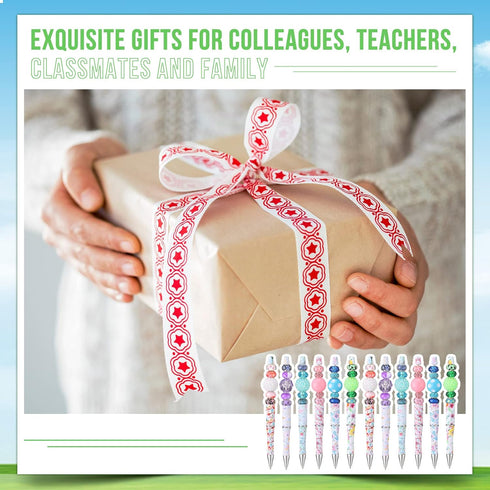 12 Pcs Plastic Beadable Pens Floral Bead Pens Spring Flowers Assorted Bead Pen Ballpoint Pen Shaft Black Ink Beaded Pens with 12 Pcs Refills for D...