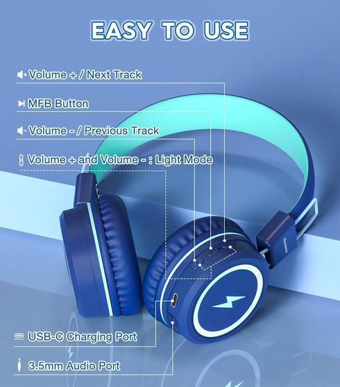 Kids Wireless Headphones with Colorful LED Lights, Foldable Children Headphone with Stereo Sound, 50H Playtime, 92dB Volume Limited Headphones On ...