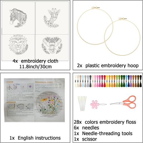 ORIGACH 4 Pcs Wild Animal Embroidery Starters Kit for Beginners, Zebra Lion Elephant Giraffe Embroidery Stitch Practice kit Include Embroidery Clo...