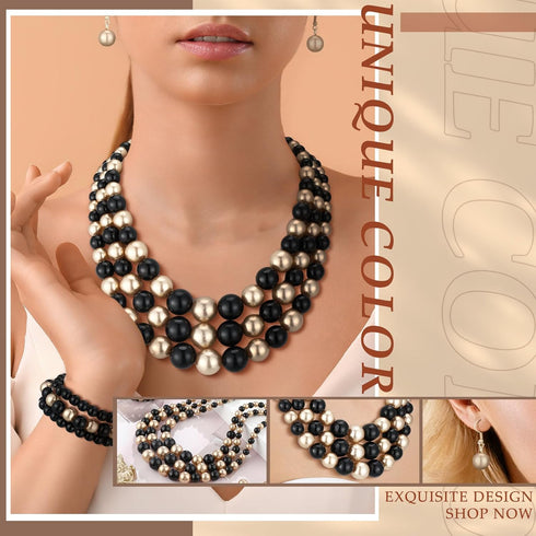 3 Pcs Women's Simulated Faux Three Multi Strand Pearl Statement Necklace Earring and Bracelet Costume Jewelry Set...
