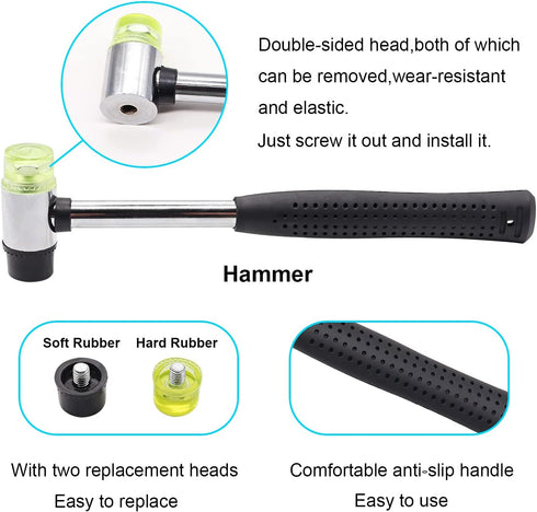 5PCS Upholstery Tools Kit - Dual Head Soft Rubber Mallet Hammer with 2PCS Replacement Head, Nail Tack Remover Tool & Removal Pliers for Furniture ...