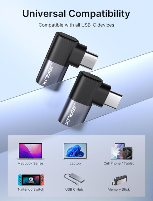 JSAUX 90 Degree USB-C Male to USB-C Female Adapter 2-Pack, 40Gbps Data Transfer PD 100W USB Type-C 3.1 Extender for MacBook, ROG Ally, Switch, Ste...