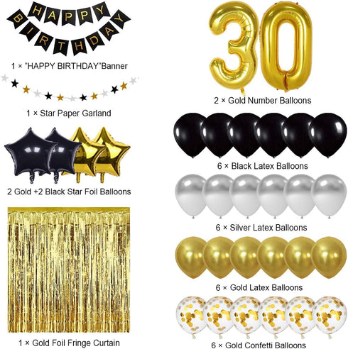 Black and Gold 30th Birthday Decorations Banner Balloon, Number Foil 30 Balloon, 30 Years Old Birthday Decoration Supplies...