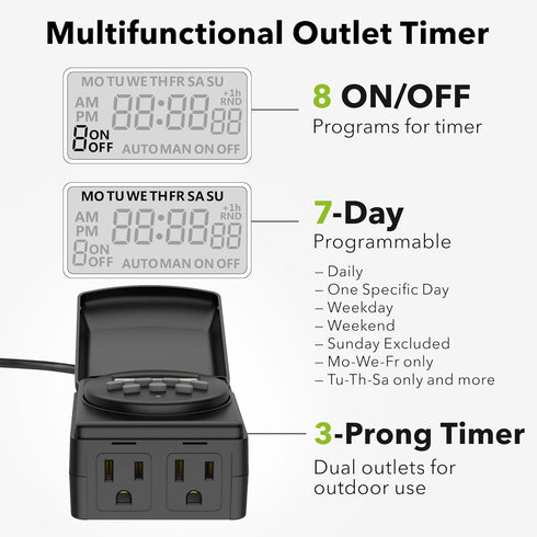 BN-LINK 7 Day Outdoor Heavy Duty Digital 24 Hour Programmable Timer, Dual Outlet, Weatherproof, Heavy Duty, Accurate for Lamps Ponds Christmas Lig...