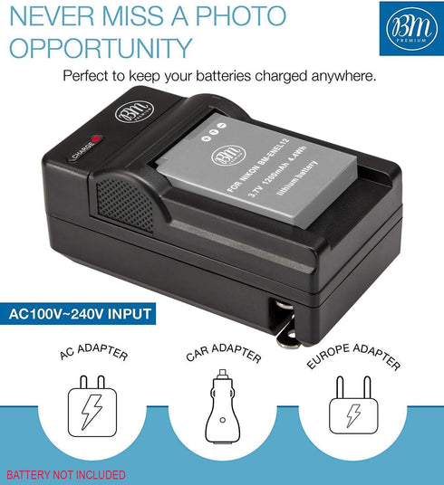 BM EN-EL12 Battery Charger for Nikon Coolpix A1000 B600 W300 A900 AW100 AW110 AW120 AW130 S6200 S6300 S8100 S8200 S9050 S9200 S9300 S9400 S9500 S9...