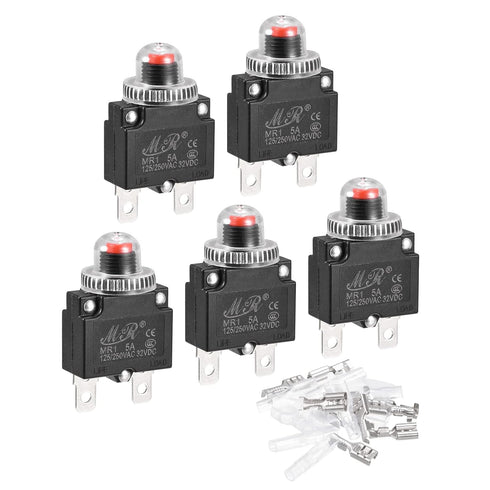 MECCANIXITY Circuit Overload Protector Kit 5A AC125/250V DC32V Push Button Thermal Circuit Breaker with Waterproof Caps 5 Set...