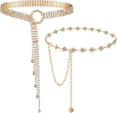 2 Pieces Rhinestone Belt for Women Shiny Crystal O-Ring Waist Belts for Dress Diamond Chain Belt for Ladies Dress Gift...