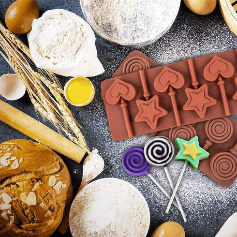 6 Cavity Silicone Lollipop Mold, Candy Mold, Christmas Candy mold, Typical Round, Stars & Hearts, Bowknots, Christmas, Smile Faces Shape, 5 PCS, a...