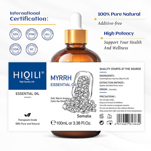 HIQILI Myrrh Essential Oil, for Skin, Masssge, Pain Relief, 100% Pure & Natural - 3.38 Fl Oz...