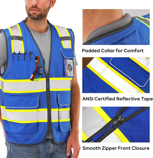 Reflective Safety Vest Blue Mesh, High Visibility Vest with Pockets and Zipper, Padded Neck, Blue with Yellow Trim L...