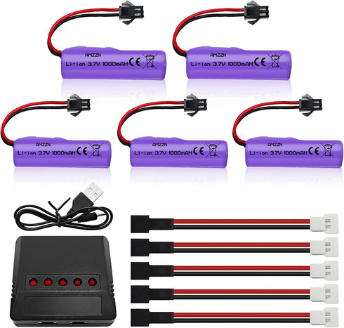 5PCS 3.7V 1000mAh Lipo Battery With 5-IN-1 Charger RC Toy Car Battery SM-2P Plug For TB202 TB201 TM201 TM202 TC141 DE35 DE38 DE40 DE50 RC Cars,Tru...