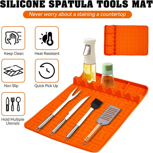 Silicone Griddle Tools Mat for Blackstone,Silicone Spatula Mat with Drip Pad,Grill Side Shelf Mat BBQ Caddy Utensils Holder for Outdoor Grill Kitc...