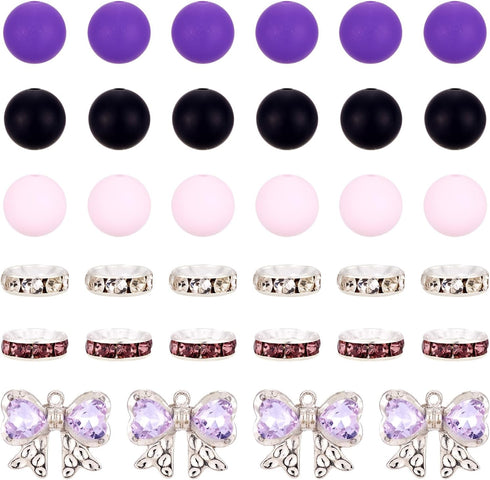 Magibeads 30Pcs 15mm Black and Purple Round Silicone Focal Beads Keychain Making Kit with Bowknot Rhinestone Spacer Beads for Crafts DIY Beadable ...
