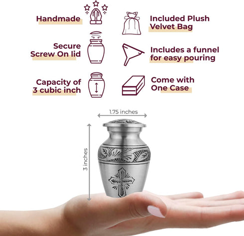 Trupoint Memorials Small Urns for Human Ashes Keepsake, Religious Decorative Mini Cremation Urn for Adult Men and Women, Silver Cross...