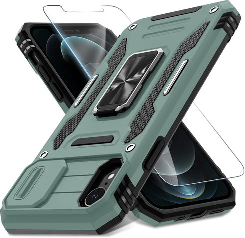 DEERLAMN for iPhone XR Case with Slide Camera Cover+Screen Protector (1 Pack),Rotated Ring Kickstand Military Grade Shockproof Protective Cover 6....