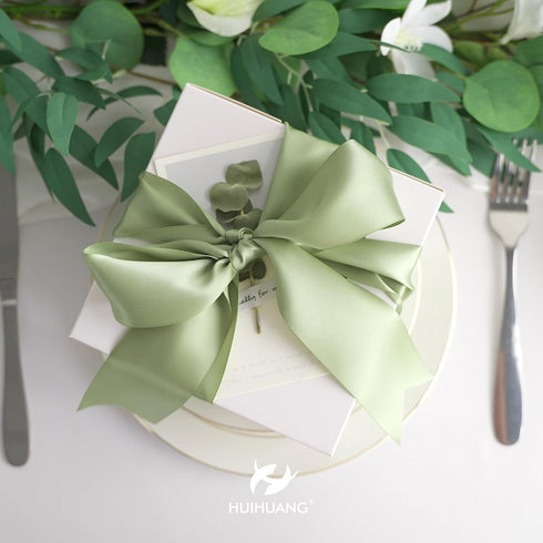 HUIHUANG Sage Green Ribbon 2 inch Double Face Green Satin Ribbon for Flower Bouquet Wrap, Dusty Sage Silk Satin Ribbon for Wedding Invitations, Gi...