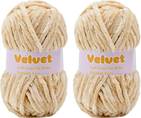 Velvet Yarn Chenille Yarn for Crocheting and Knitting Soft Chenille Bulky Baby Blanket Yarn DIY Weaving Craft 2pack Beige(4oz 164yds Each)......