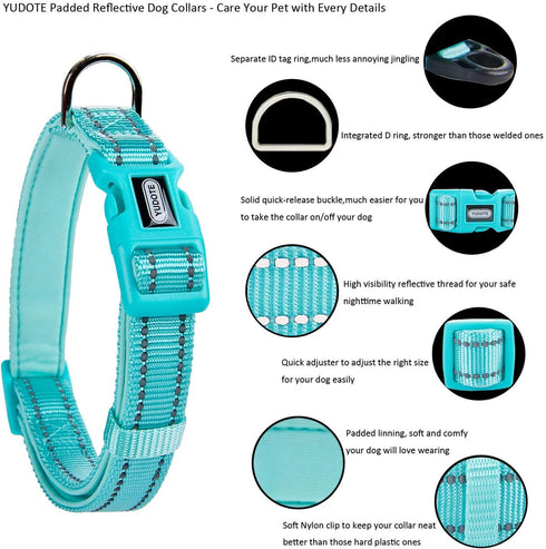 Reflective Nylon Dog Collar with Breathable Neoprene Padding,Adjustable for Large Dogs.(Neck 17"-26.3",Teal)...