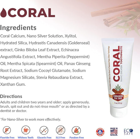 Coral Nano Silver Cinnamon Tea Tree Toothpaste, Natural Fluoride Free Teeth Whitening Toothpaste, Coral Calcium Nano Silver Infused SLS Free 4 Oun...