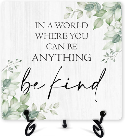 Inspirational Desk Decor, Be Kind Sign With Iron Stand, Motivational Gifts For Women Men Friends, Greenery Wood Sign For Home Office Living Room B...