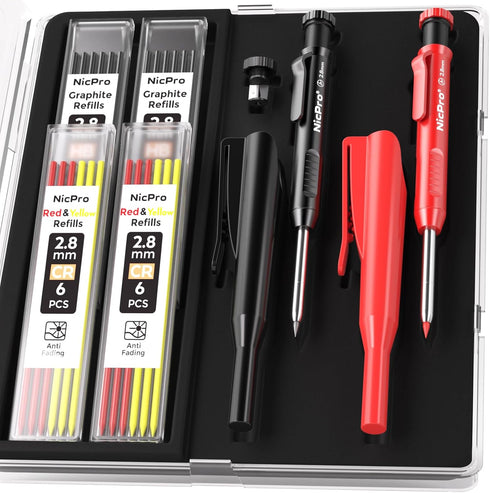 Nicpro 2Pack Carpenter Pencil with Sharpener, Mechanical Carpenter Pencils with 26 Refills (Red, Black, Yellow), Deep Hole Marker Construction Hea...