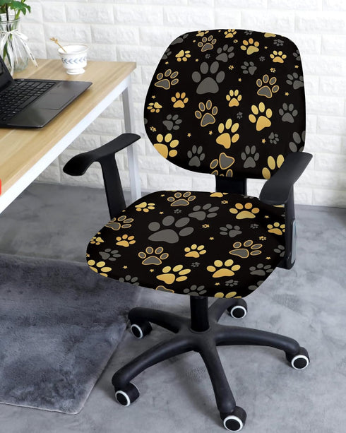 Computer Office Chair Cover Yellow Paw Print Black Background Protective & Stretchable Desk Chair Covers Soft Polyester Universal Rotating Chair S...