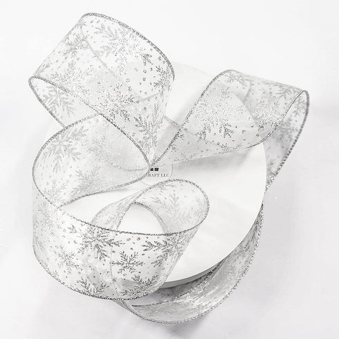 CT CRAFT LLC Organza with Silver Glitter Snowflakes Wired Ribbon 2.5 inch x 50 Yards for Christmas Home Decor Tree Topper Bow Gift Wrapping DIY Cr...