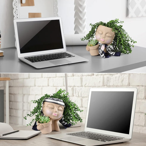 Face Planter Pot - Double Flower Pots in One for Indoor Outdoor Plants Resin Head Planter with Drainage Hole Cute Lady Face Plant Pots...