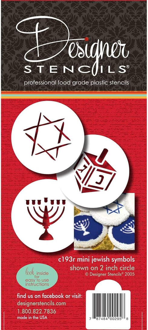 Designer Stencils Jewish Symbols Cookie and Cupcake Stencils, Small, (Dreidel, Star of David, Menorah), Beige/semi-transparent...