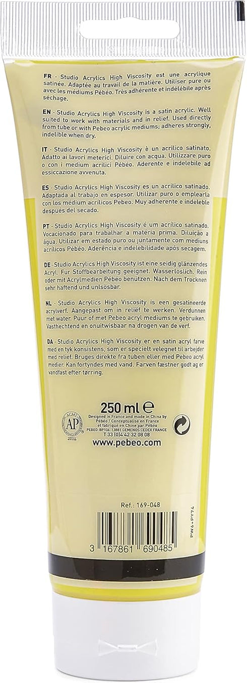 Pebeo Studio Acrylics High Viscosity, Fine Acrylic, 250 ml - Primary Yellow (169-048), 8.45 Fl Oz (Pack of 1)...