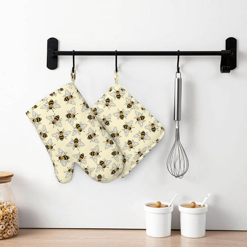 Happy Busy Bees Oven Mitts and Pot Holders Sets Silicone Bees Kitchen Mitts Bees Potholders Heat Resistant 4Pcs Bees Oven Gloves Hot Pads for Kitc...