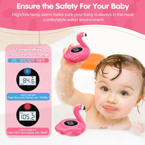 Rechargeable Baby Bath Thermometer Newborn with Light, BPA-Free Flamingo Bath Thermometer Baby Safety, IP68 Waterproof Bathtub Thermometer Floatin...