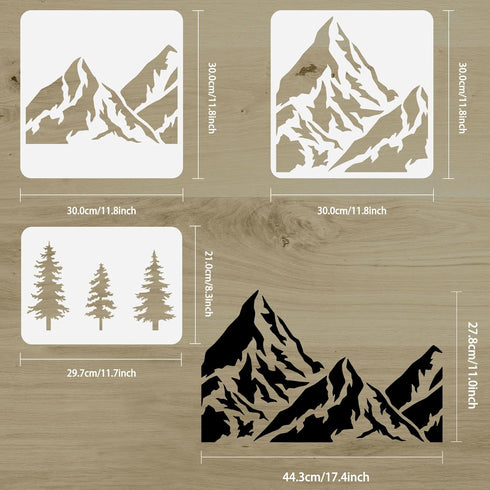 FINGERINSPIRE 3PCS Mountain and Tree Stencil 3 Styles 2 Size Hollow Out Mountain Range Stencil Reusable Valley Stencil Pine Trees Craft Stencil fo...