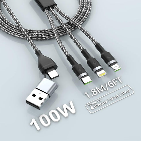 100W USB C Multi Fast Charging Cable, 6FT 6A USB C/A to Multi Charging Cable, 5 in 1 Braided Multi Charging Cable with Type C/Lightning/Micro USB ...