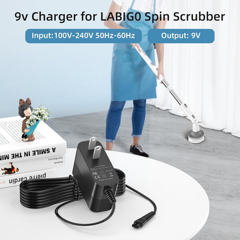 9V Charger for LABIGO Electric Spin Scrubber Charger, 9V Adapter Compatible with Labigo Cordless Spin Scrubber LA1 Pro, for Voweek VWS211 Power Su...
