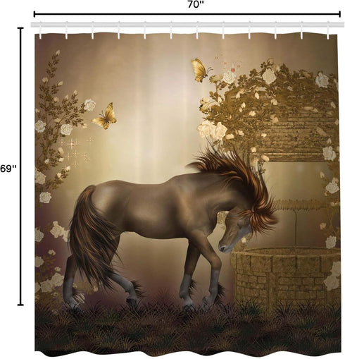 Ambesonne Mystic Shower Curtain, Horse in Roses Garden with Butterflies Fantasy Romantic Moon Print, Cloth Fabric Bathroom Decor Set with Hooks, 6...