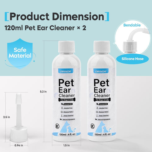 OBSEDE Dog Ear Cleaner - Dog Ear Cleaning Solution Naturally Reduce Dirt Wax Buildup Clear Cat Ear Drops Wash Gently Soothing Odor Control Easy to...