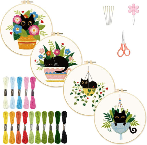 INFUNLY 4 Pack Embroidery Starter Kit Black Cat Cross Stitch Kit with Instructions DIY Beginner Plant Embroidery Set with Plastic Embroidery Hoops...