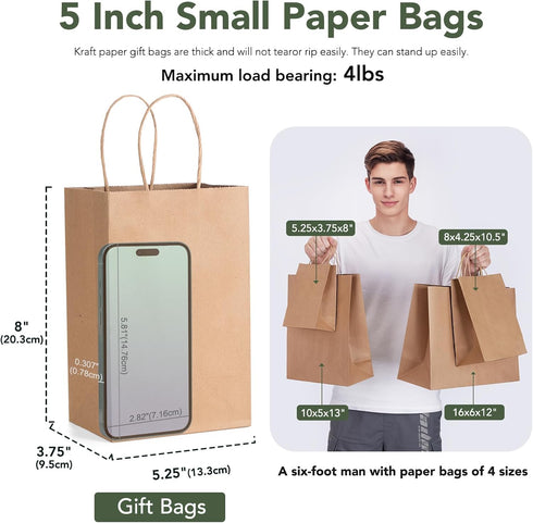 GSSUSA Brown Paper Bags 5.25x3.75x8 20Pcs, Small Gift Paper Bag with Handles Bulk, Graduation Gift, Sturdy Kraft Paper, Retail Shopping Bags, Part...