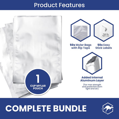 50x Wallaby 1-Cup Mylar Bag Bundle - (5 Mil - 5" x 7") Mylar Bags + 50x Labels - Heat Sealable, Food Safe, & Reliable Long Term-Food Storage Solut...
