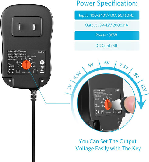 Belker 30W Universal 3V 4.5V 5V 6V 7.5V 9V 12V AC DC Adapter Power Supply for LED Light Strip Router Speaker Smart Phone Tablet CCTV IP Camera TV ...
