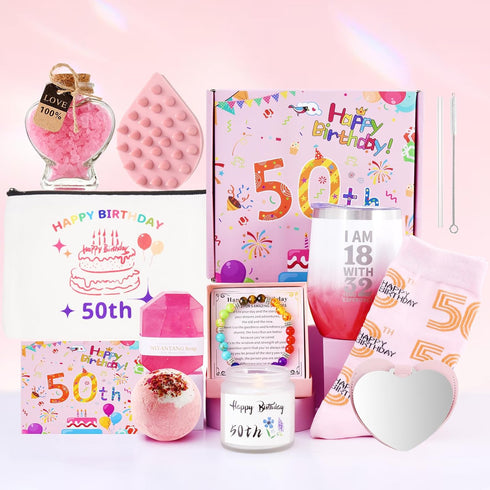 50th Birthday Gifts for Women,Her,Unique Gifts for Friends Female, Mom, Bestie, Sister, Wife, Relaxing Spa Gift Basket Set,Candles,Tumbler,Makeup ...