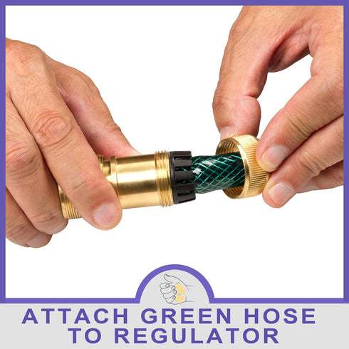 Soaker Hose Pressure Reducer Regulator with Integrated Female Quick Connector - Includes Male Connector with 3/4 GHT Threads and Integrated 1/2 In...