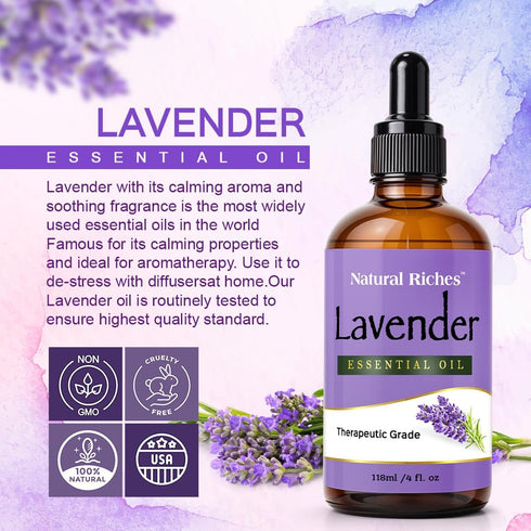 Natural Riches Pure Lavender Essential Oil with Premium Therapeutic Quality - for Diffuser, Aromatherapy, Sleep, Meditation, Candles & Massage 4 f...