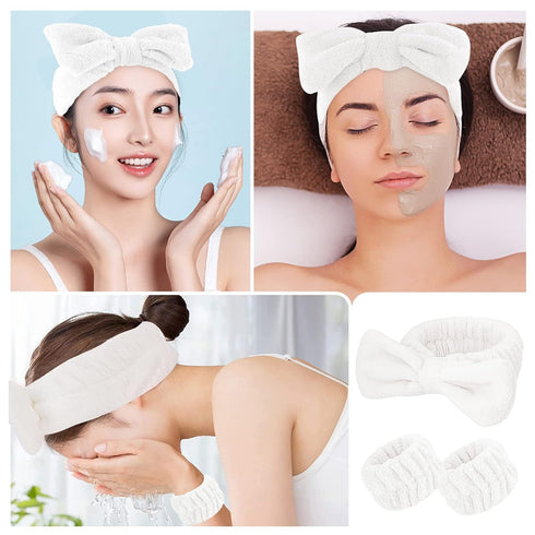 Spa Headband and Wristband Set 3PCS Skincare Headbands Wrist Bands Face White Wash Headband Soft Makeup Elastic Facial Makeup Headbands Cute Bow H...